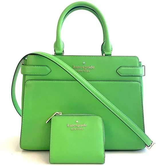 Kate Spade Staci Medium convertible Satchel and Wallet set Saffiano Green - Picture 1 of 6